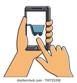 hand holding smartphone shopping cart online market