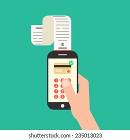 hand holding smartphone with shopping check. concept of mobile payments, e-commerce and apple pay for service. isolated on green background. flat style trendy modern design vector illustration