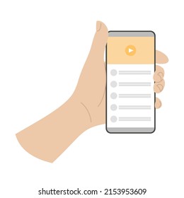 Hand holding smartphone and show video chat with comments, using mobile apps. Cartoon vector illustration of person showing phone
