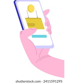 Hand holding smartphone showing arrow going up on chart, financial growth. Mobile analytics, investment success vector illustration.