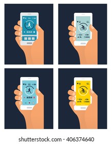 hand holding smartphone showing fitness application for health. cycling and running. 