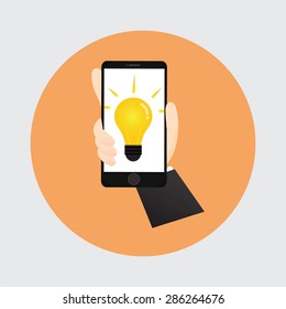 The hand holding the smart-phone with a showing idea.
