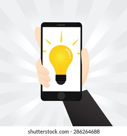 The hand holding the smart-phone with a showing idea.