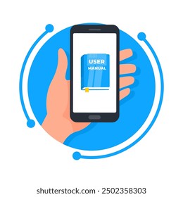 Mano que sostiene un smartphone que muestra un manual de usuario en pantalla, concepto de aprendizaje en línea o libro digital
