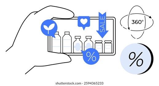 Hand holding smartphone showing various product bottles surrounded by discount symbols, a heart, a plant, and a 360-degree view icon. Ideal for online shopping, e-commerce, mobile apps, retail
