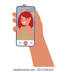 Hand Holding Smartphone Showing A Video Call With A Smiling Female Character Making A Heart Gesture. Vector Image Highlights Digital Connection And Affectionate Communication Through Modern Technology