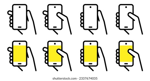 Hand holding smartphone, simple line drawing mobile screen vector icon illustration material set