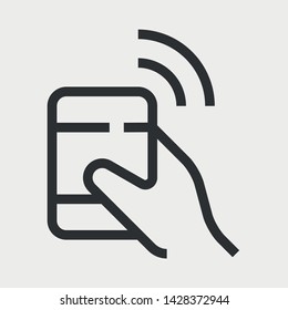 Hand holding smartphone. Simple linear vector icon
