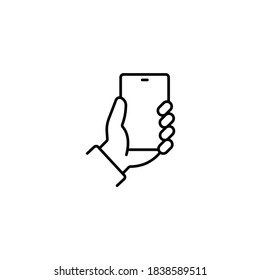 Mano con smartphone 
ilustración vectorial de icono de línea delgada simple