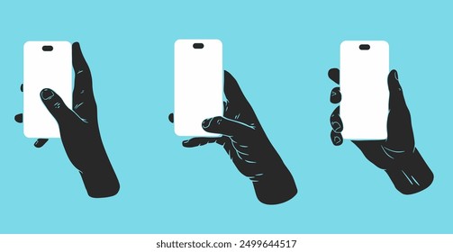 Hand holding smartphone or smart digital device. Set hand drawn silhouettes human palms. Flat vector illustration.