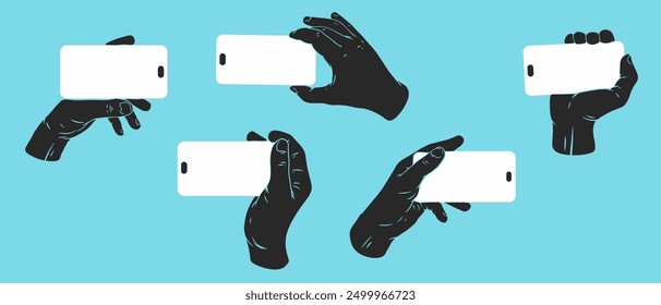 Hand holding smartphone or smart digital device. Set hand drawn silhouettes human palms. Flat vector illustration.