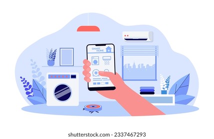 Hand holding smartphone with smart home app vector illustration. Person controlling air conditioner, vacuum cleaner, washing machine at distance. Smart technology, smart home functions concept