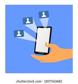 a hand holding a smartphone and some icon of a person in a buble on it