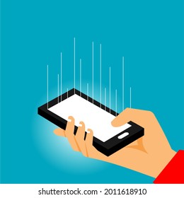 hand holding smartphone and some lines coming out of it