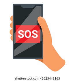 La mano está sosteniendo un teléfono inteligente con un mensaje SOS que se muestra en la pantalla, lo que indica una necesidad de ayuda o asistencia