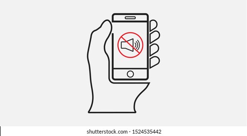 Hand holding smartphone sound off icon. Hand mobile phone no volume vector illustration