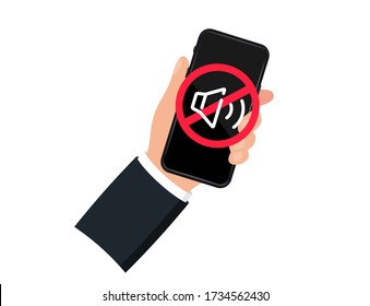 Hand holding smartphone sound off. Device icon. No phone. No sound sign for mobile phone. Volume off or mute mode sign for smartphone. Please silence your mobile phone, smartphone silence zone