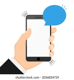 Hand holding smartphone with speech bubble. concept of online communication, voicemail and chat application. isolated on white background. flat style trendy modern logo design. vector illustration