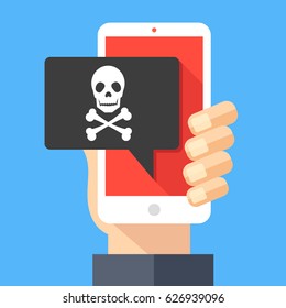 Hand holding smartphone with speech bubble and skull and crossbones on screen. Threats, mobile malware, spam messages, fraud, sms spam concepts. Modern flat design vector illustration