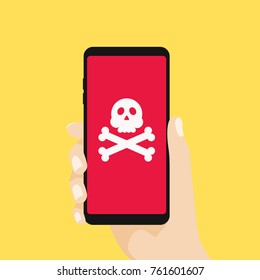 Hand Holding Smartphone With Speech Bubble And Skull And Crossbones On Screen. Threats, Mobile Malware, Spam Messages, Fraud, Sms Spam Concepts. Vector