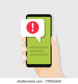 Hand holding smartphone with speech bubble and exclamation point icon. vector