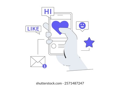 Hand holding smartphone, speech bubbles and new message symbol. Social media marketing, content management, instant messaging. Flat Cartoon Vector Illustration, icon. Stylish abstract