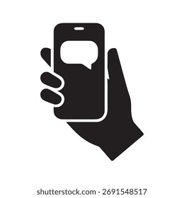 Hand holding smartphone with speech bubbles for mobile chatting and text messaging online communication through a social media application on a phone