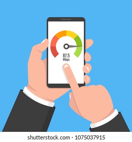 Hand holding smartphone with speed test on the screen. Vector illustration.