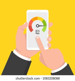 Hand Holding Smartphone With Speed Test On The Screen. Vector Illustration.