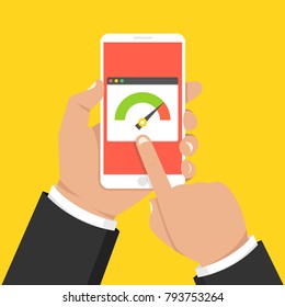 Hand holding smartphone with speed test on the screen. Vector illustration.