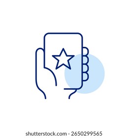 Mão segurando smartphone e estrela. Aplicativos favoritos, serviço móvel bem avaliado. Pixel perfeito, ícone de vetor de traçado editável