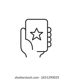 Hand holding smartphone and star. Favorite apps, top rated mobile service. Pixel perfect, editable stroke vector icon