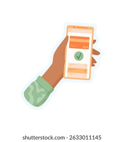 Hand holding smartphone sticker. User interacts with payment app on the screen. Character utilizing mobile technology in a flat style. Ideal for online shopping, business service, and social media