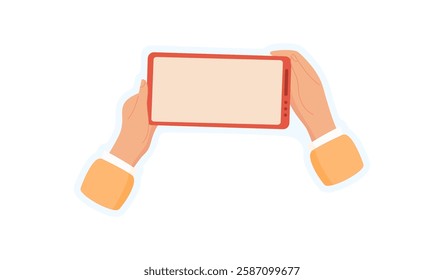 Hand holding smartphone sticker. Users palm grips a mobile phone. Empty screen template, digital concept, ideal for application showcases and technology services.