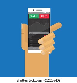 Hand holding Smartphone with stock chart.