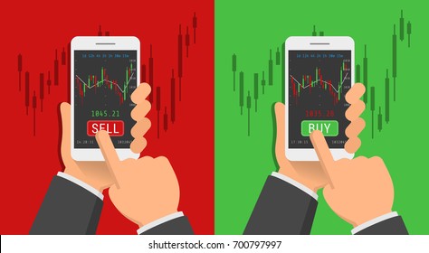 Hand holding smartphone with stock exchange application on the screen. Flat design vector illustration