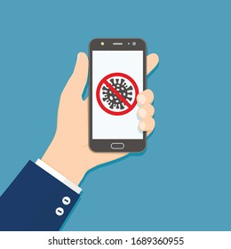 Hand holding smartphone with stop covid-19 sign. Flat design illustration.