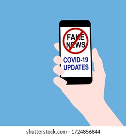 hand is holding a smartphone with Stop Fake News of Covid-19 Updates text and symbol on display screen. Illustration vector