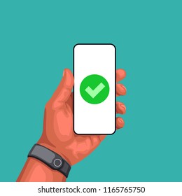 hand holding smartphone with success sign