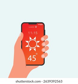 Hand holding smartphone sunny weather forecast on the phone screen with a weather forecast icon vector illustration.