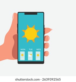 Hand holding smartphone sunny weather forecast on the phone screen with a weather forecast icon vector illustration.