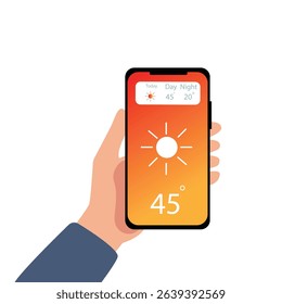Hand holding smartphone sunny weather forecast on the phone screen with a weather forecast icon vector illustration.