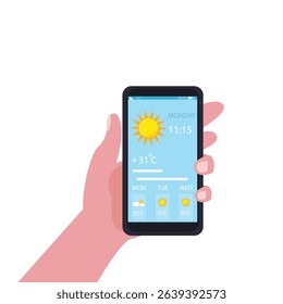 Hand holding smartphone sunny weather forecast on the phone screen with a weather forecast icon vector illustration.