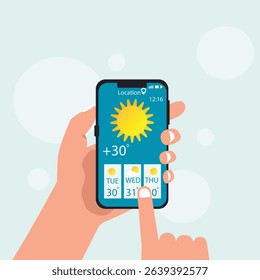 Hand holding smartphone sunny weather forecast on the phone screen with a weather forecast icon vector illustration.