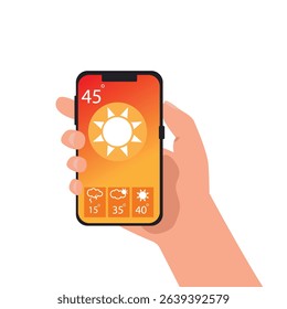 Hand holding smartphone sunny weather forecast on the phone screen with a weather forecast icon vector illustration.