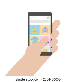A hand holding a smartphone and surfing a clothes shop online. Isolated vector illustration
