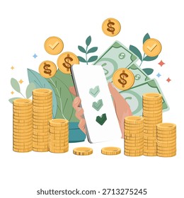 Mano sosteniendo un teléfono inteligente rodeado de pilas de monedas de plata y oro, billetes de dólar y plantas en crecimiento. Representa el éxito de la banca digital, los pagos móviles, la inversión en línea y el crecimiento financiero