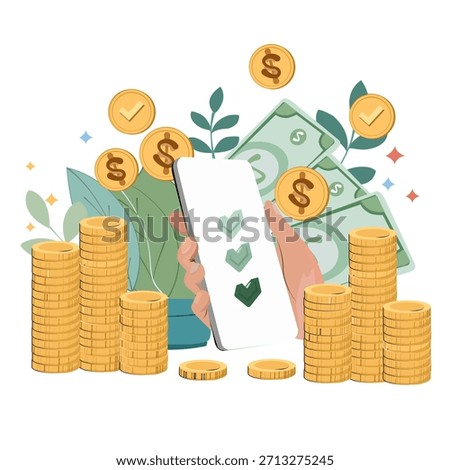 Hand holding a smartphone surrounded by piles of silver and gold coins, dollar banknotes, and growing plants. Represents digital banking, mobile payment, online investment, and financial growth succes