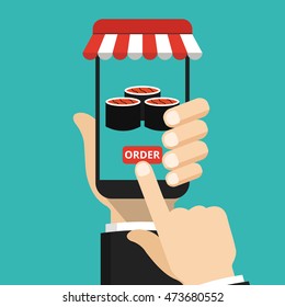 Hand holding smartphone with sushi on the screen. Order fast food concept. Flat vector illustration.
