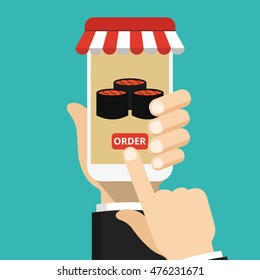Hand holding smartphone with sushi on the screen. Order fast food concept. Flat vector illustration.